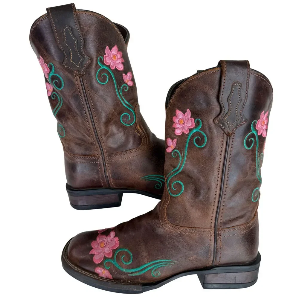 ROPER Little Girl Boots Size 3 Helen Brown Color Floral Embroidery & Leather